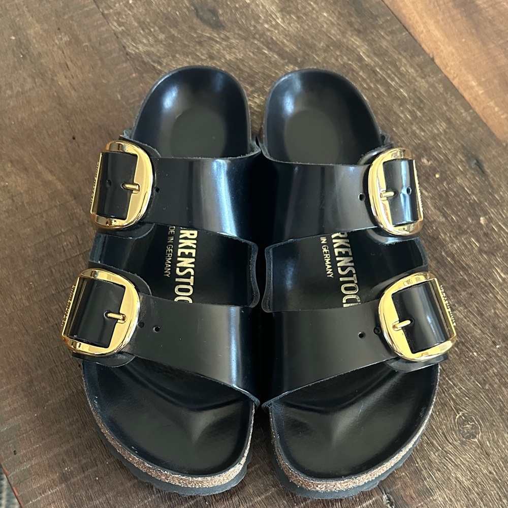 Birkenstock Black Patent Two-Strap Sandals with Gold Buckles